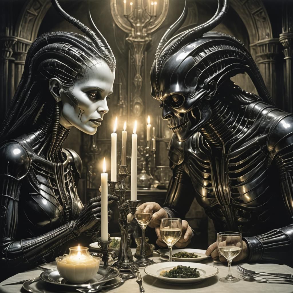 Couple's Candlelit Dinner in Giger Style