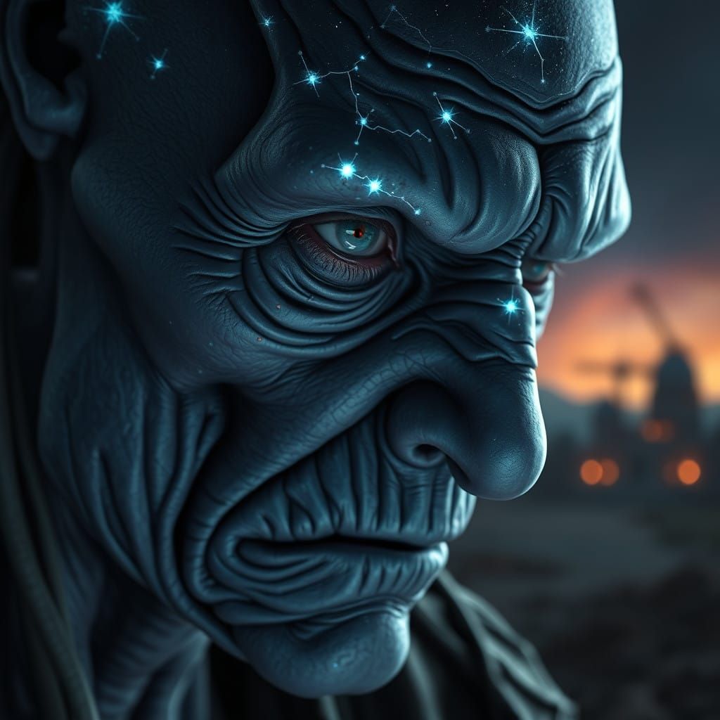 Battle-Scarred Elderly Alien in Hyper-Realistic Portrait