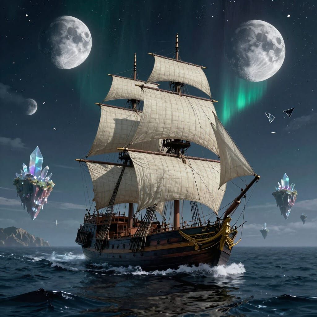 Aurora Sails Galleon on Obsidian Sea Under Shattered Moon Sk...