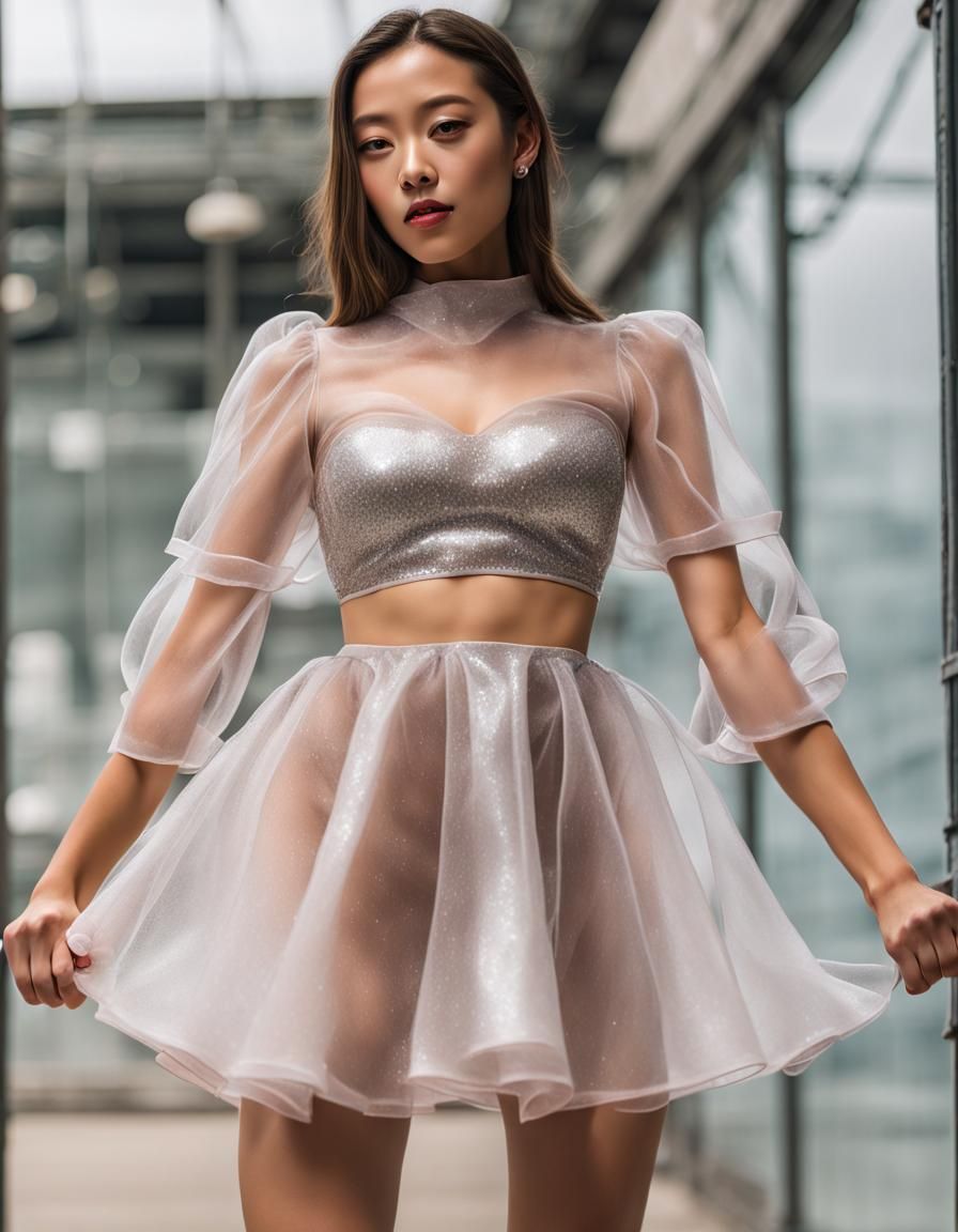 Woman in Sparkly Organza Mini-Dress with Metal Waistband