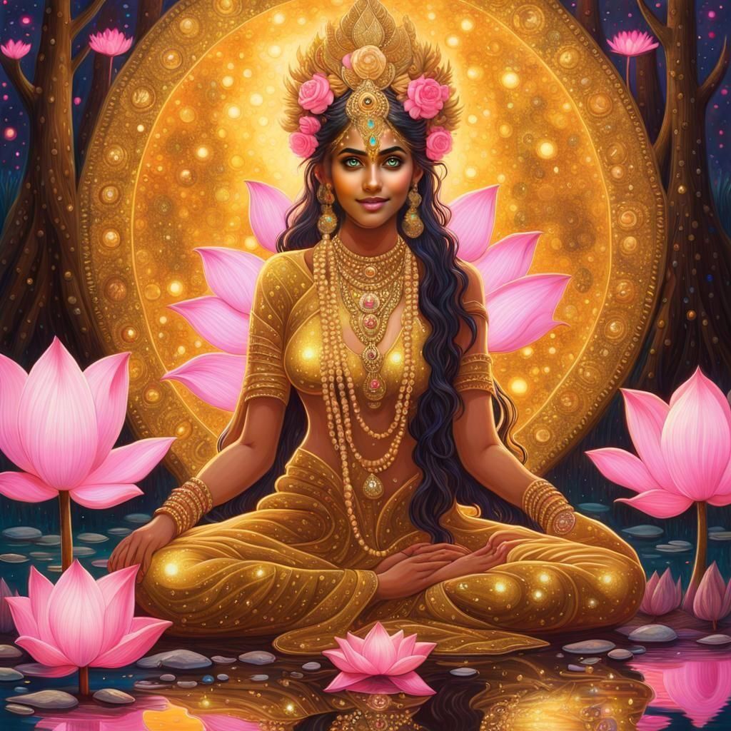Bioluminescent Hindu Goddess in Lotus, Dark Fantasy Art