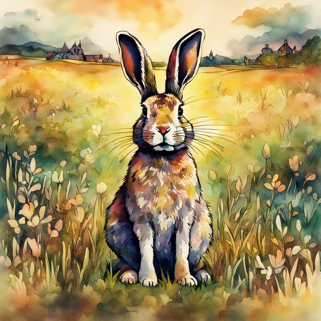Expressionist Rabbit in Golden Light Watercolor