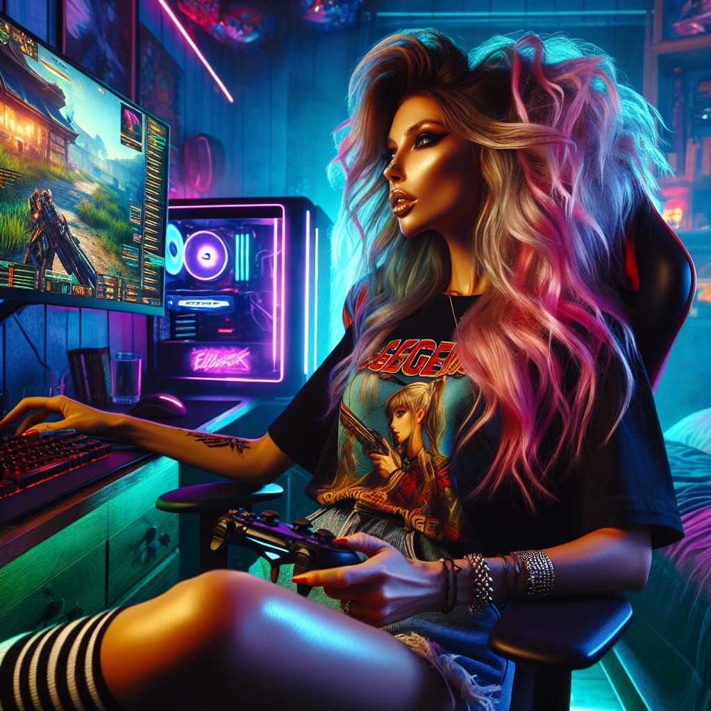 Cyberpunk Gamer Girl Immersed in Neon-Lit RPG