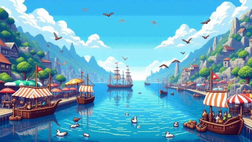 Serene Fantasy Harbor in 32-bit Pixel Art
