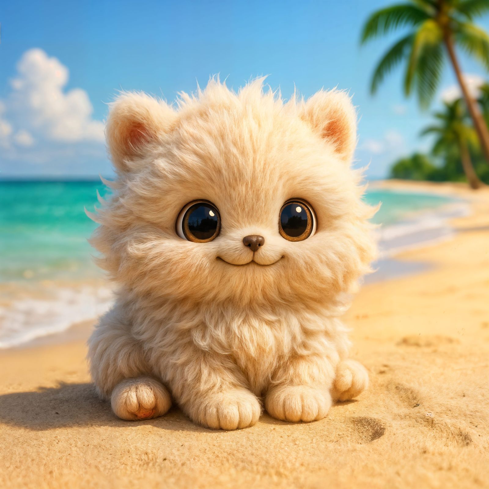 Cute Kawaii Creature Relaxing on Tropical Beach