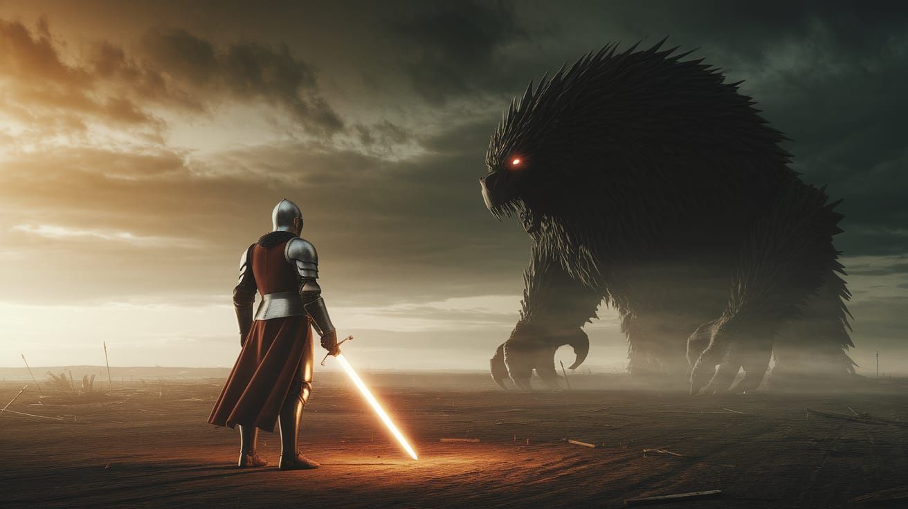Knight Faces Colossal Beast on Battlefield in Acid Ink Style