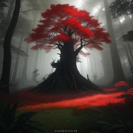 Fox with Red Eyes in Forest, Matte Painting