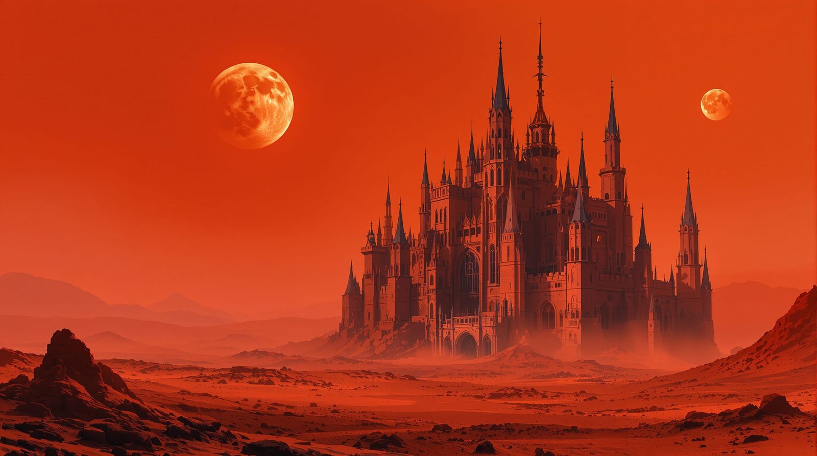 Gothic Castle on Mars Under Twin Moons