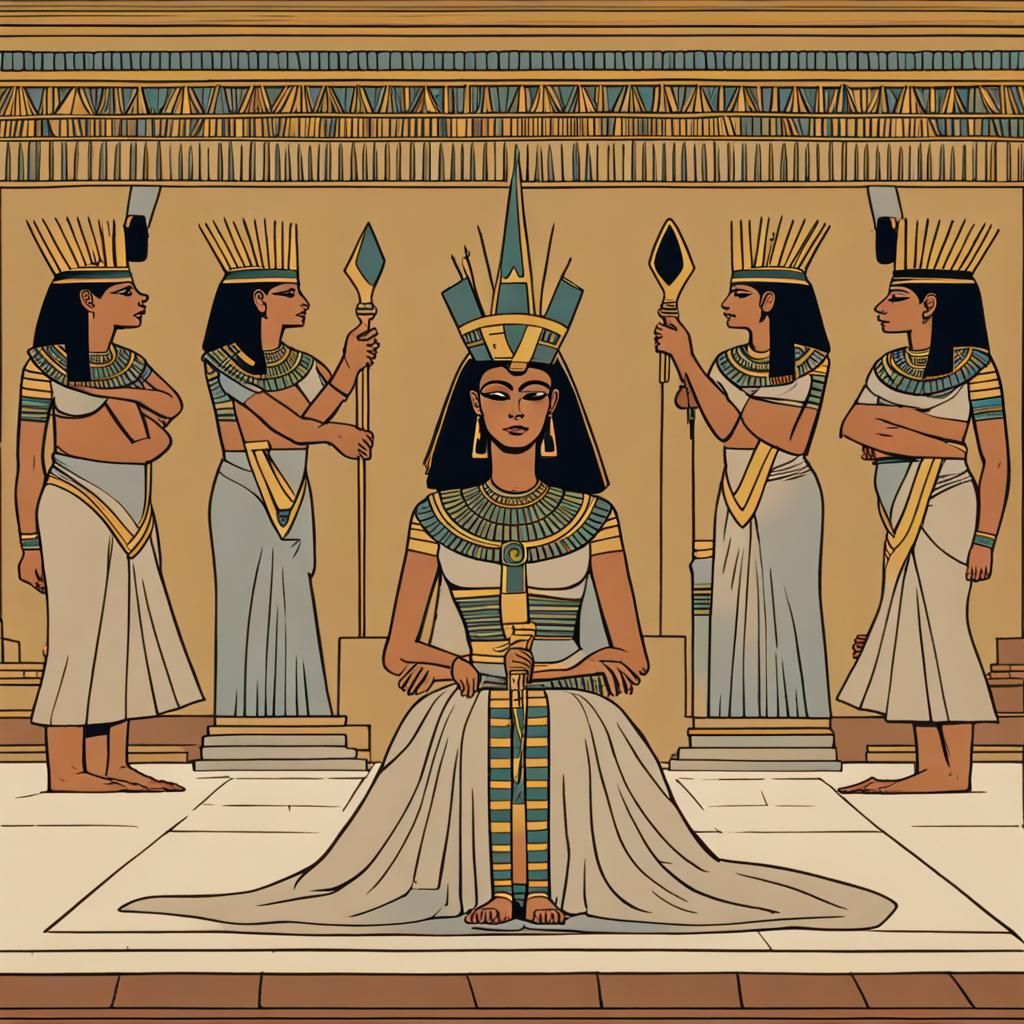 Egyptian Priestess Kneeling Before Goddess in Palace