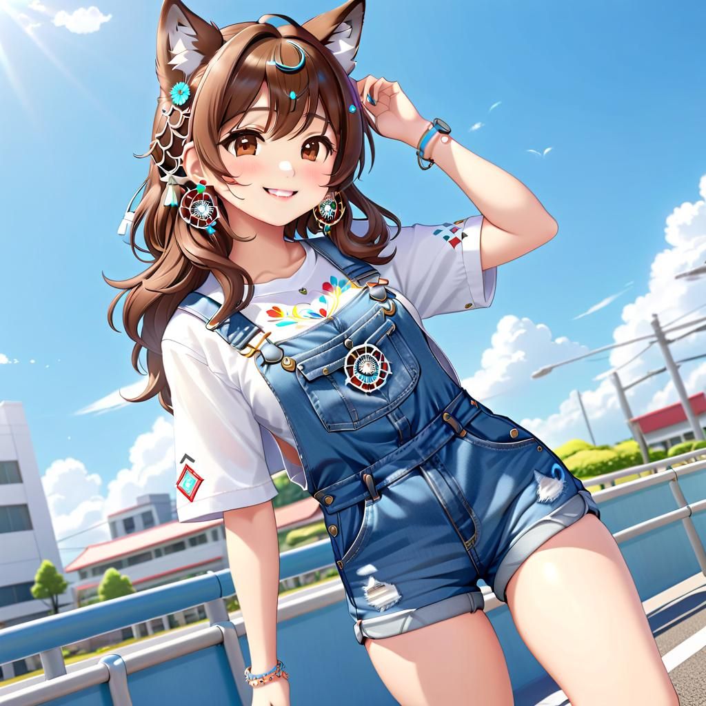 Anime Chibi Girl with Wolf Ears in Denim Shortalls