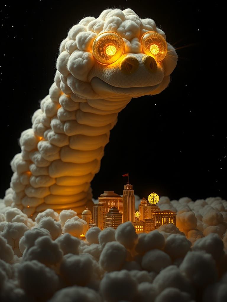 Gigantic Cotton Python Rises Above Miniature City