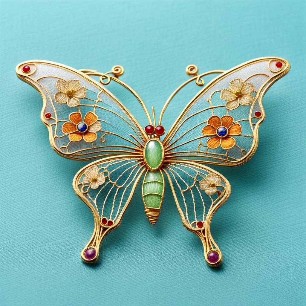 Art Nouveau Butterfly Brooch with Enamel Wings