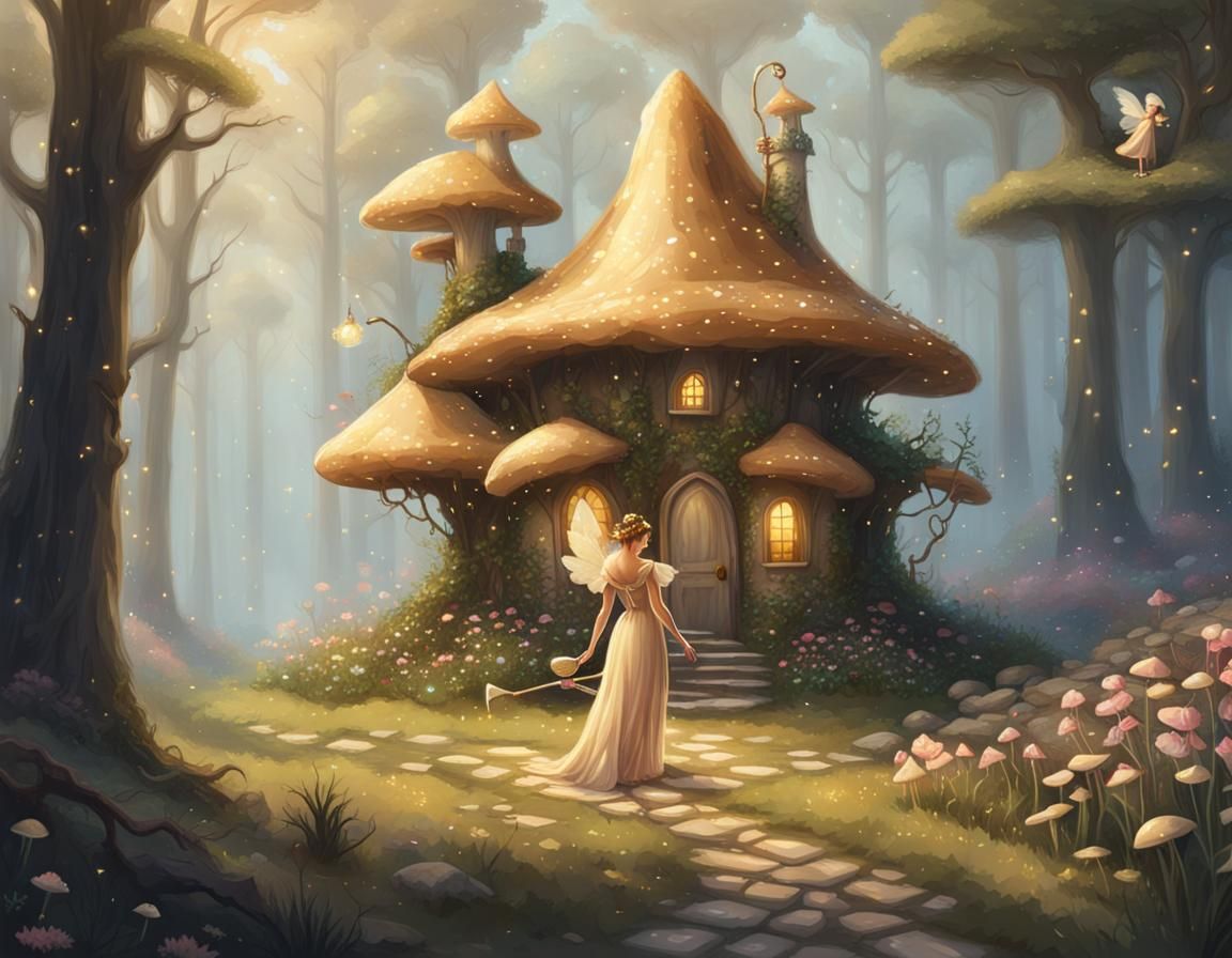 Pixilated Fairy Watering Flowers in Fantasy Forest