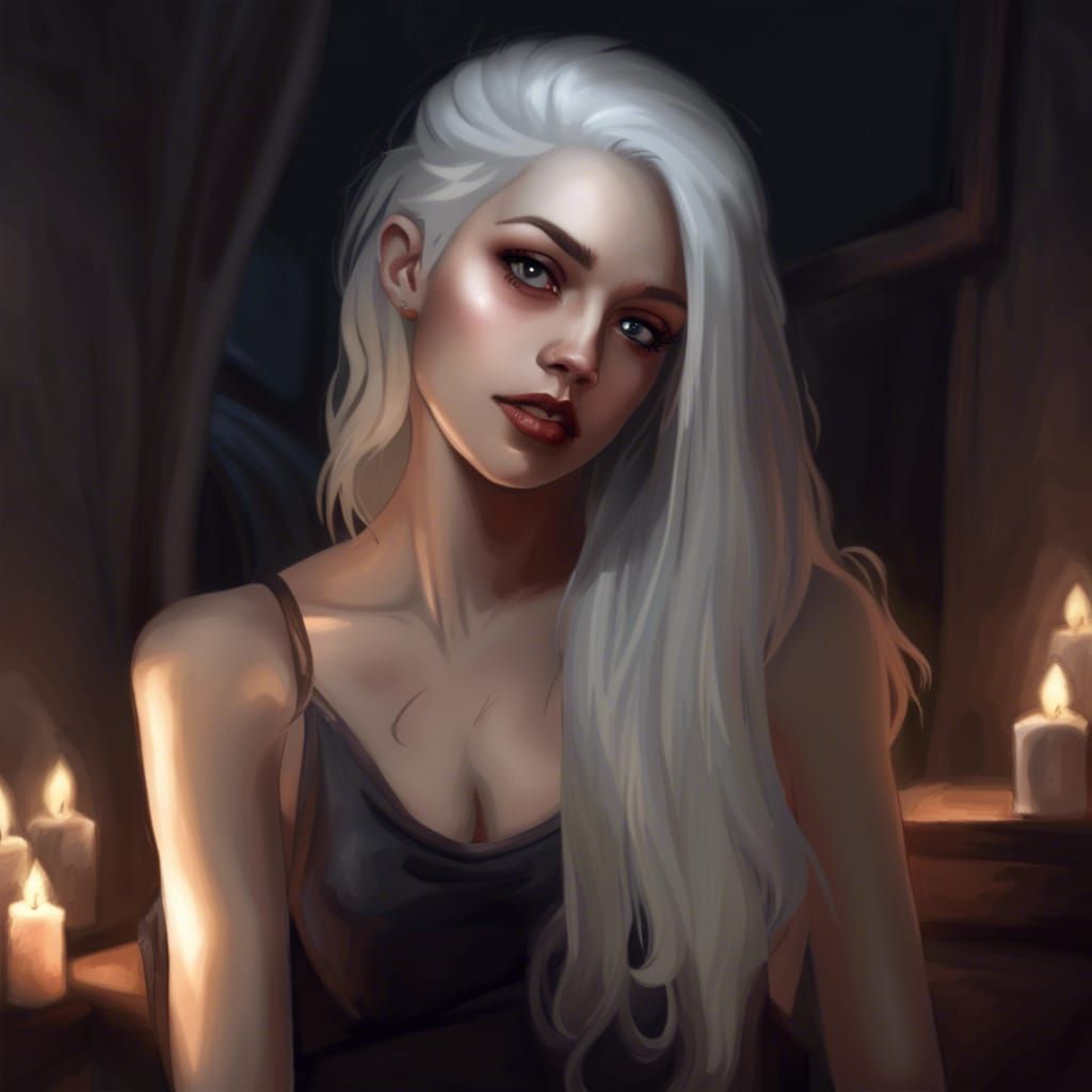 Flirtatious Vampire Woman in Gloomy Horror Scene