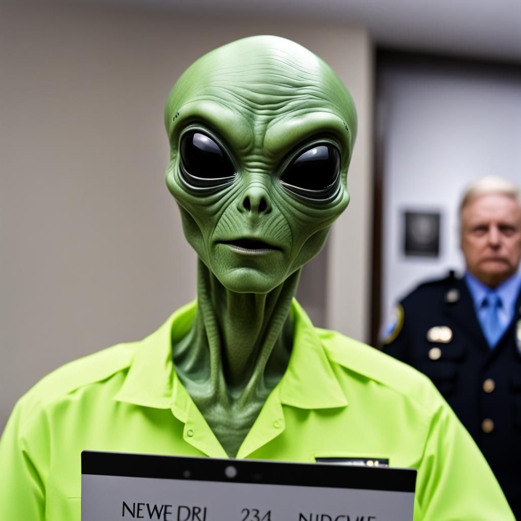 Humorous Alien Mugshot Holding Prisoner Number