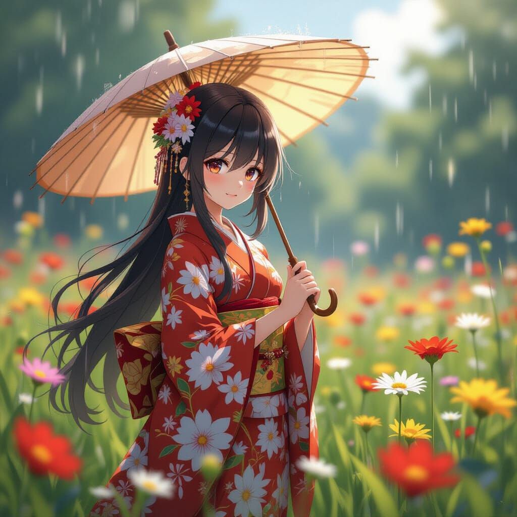 Anime Girl in Rainy Field, WLOP Style