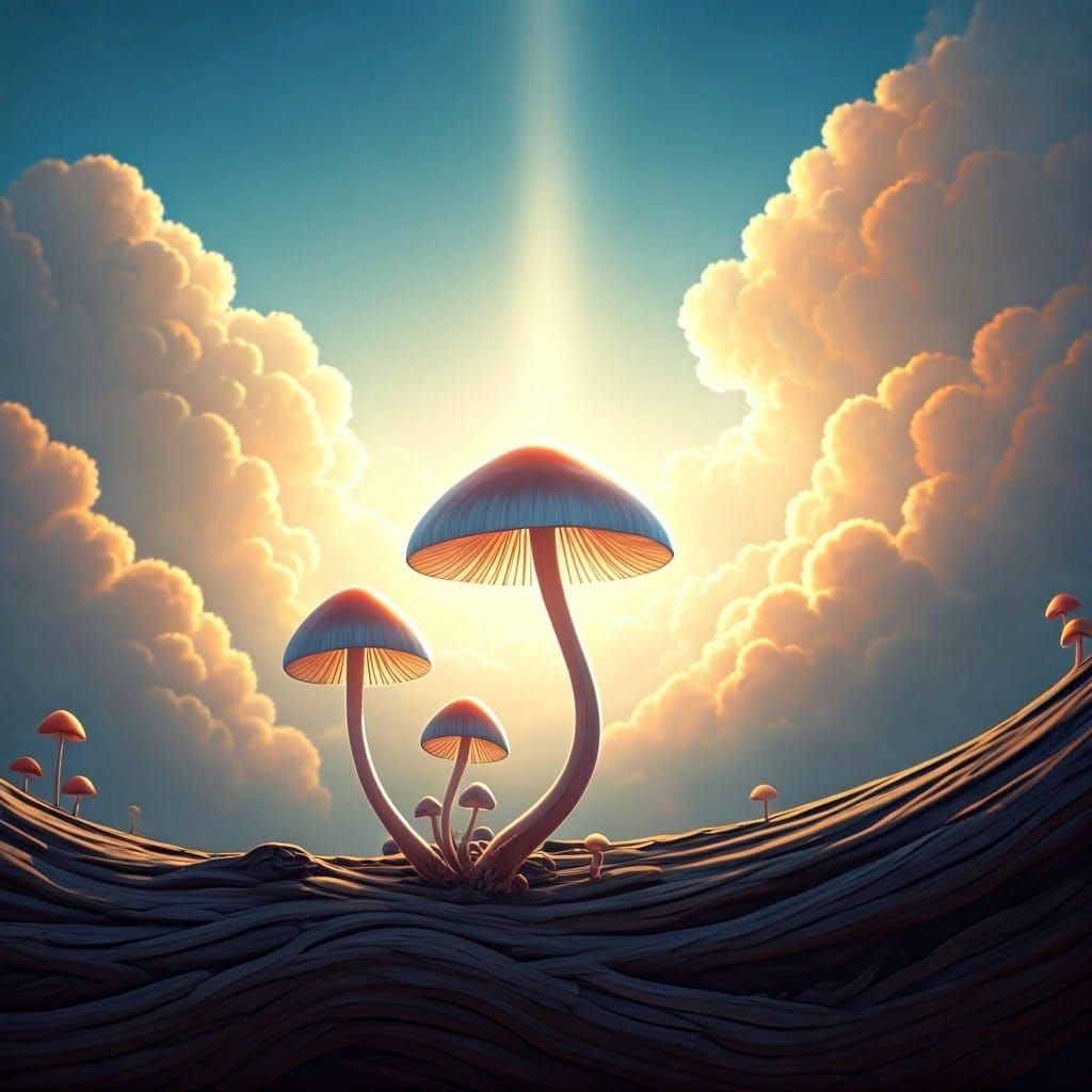 Luminescent Mushrooms on Clouds in Ethereal Light