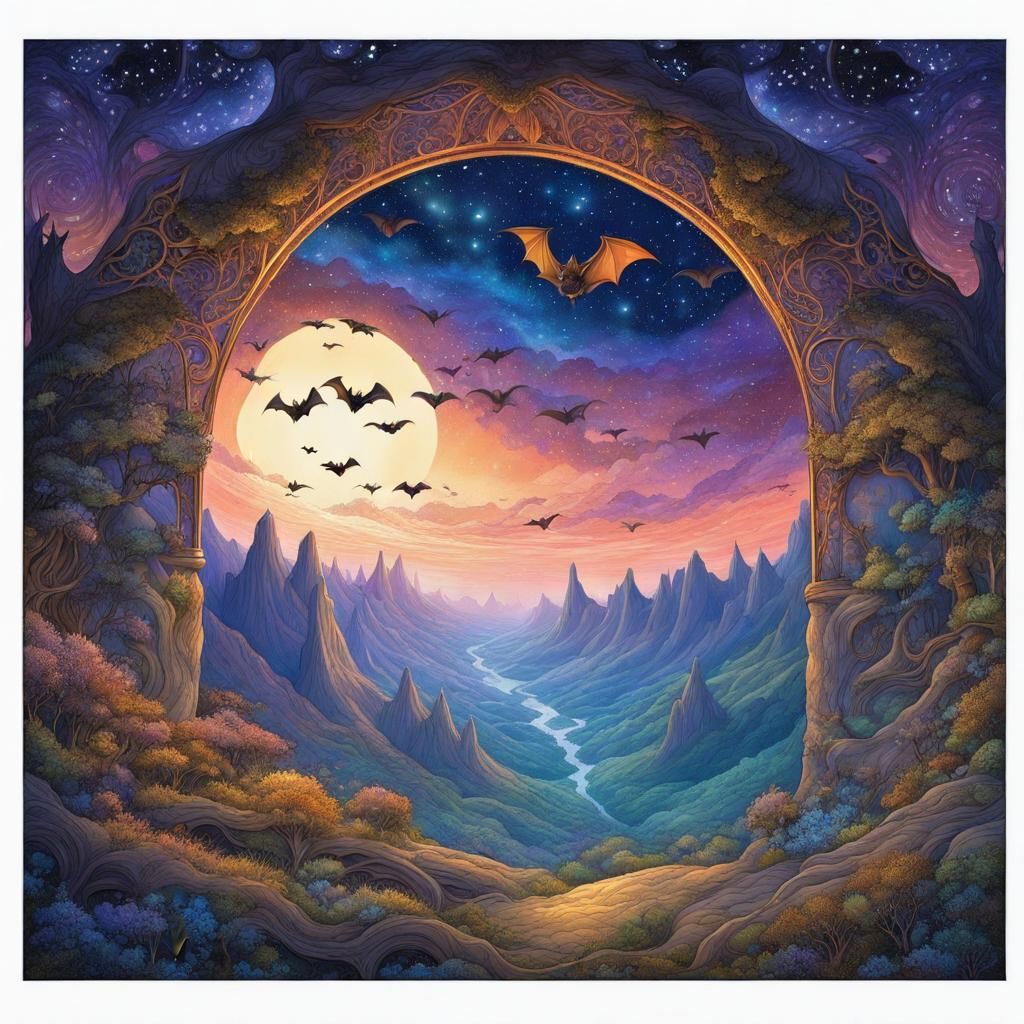 Bats Ascending into Starry Sky: Romantic Illustration