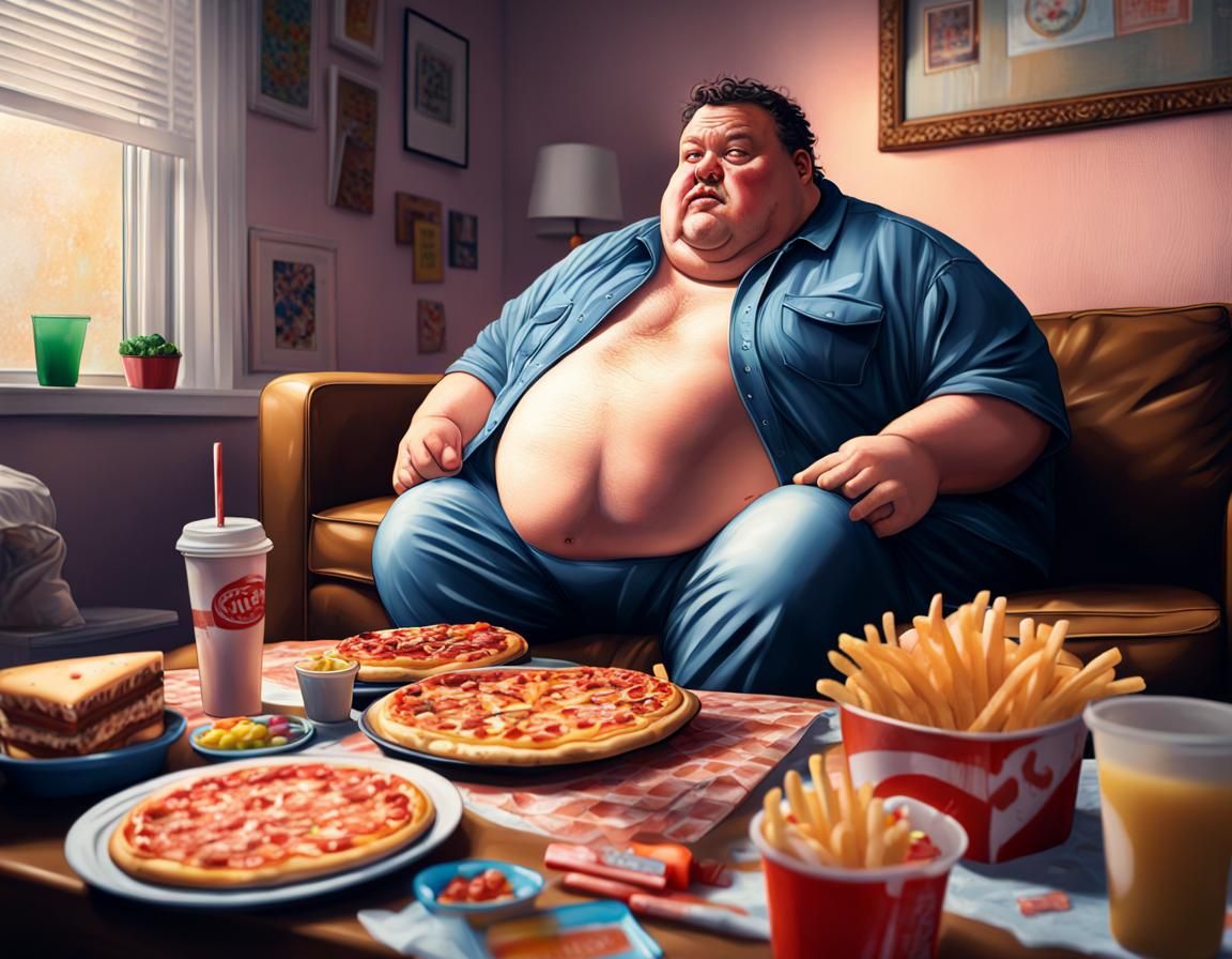 A fat guy sitting in his livingroom, eating pizza, burgers, french fries, candies, cakes, Rafael Santi Greg Rutkowski ...