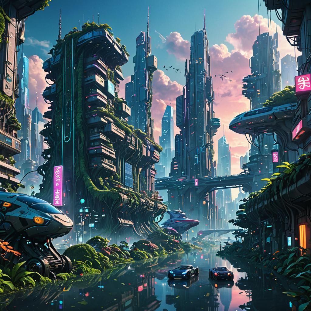 Surreal Anime Cityscape with Glowing Plants