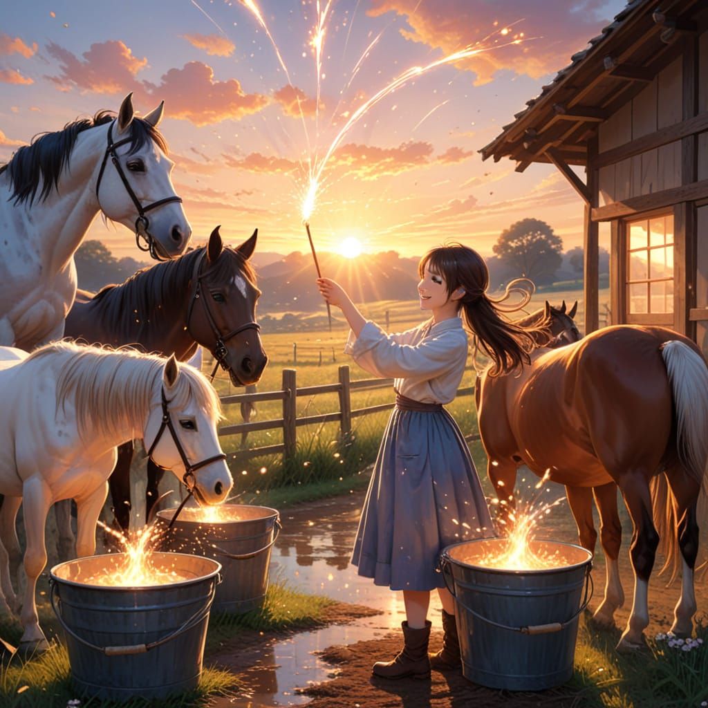 Magical Sunrise Farm Feeding in Anime Style