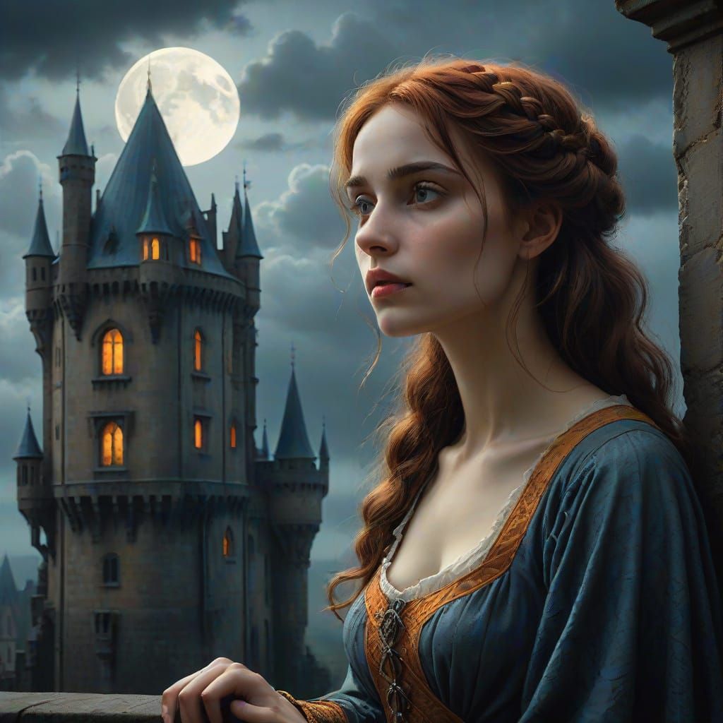 Woman on Balcony Overlooking Gothic Castle in Pre-Raphaelite...