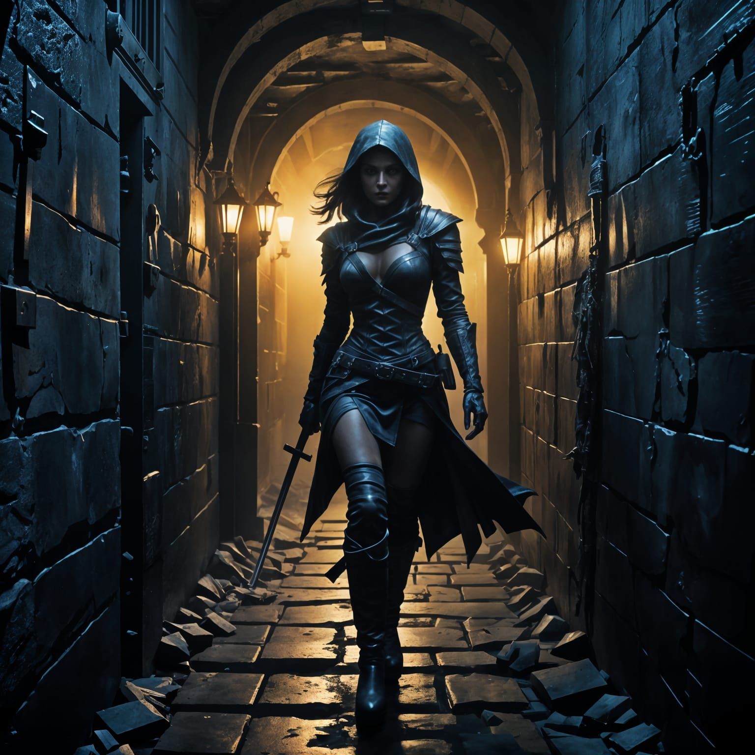 Stealthy Female Thief in a Dungeon Setting