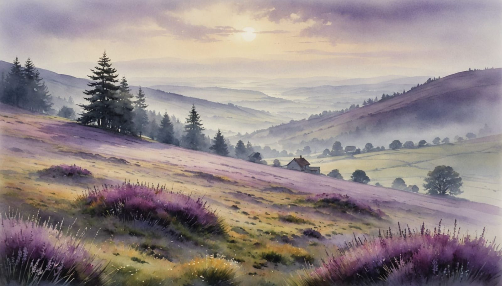 Misty Heather Hillside in Atmospheric Watercolor