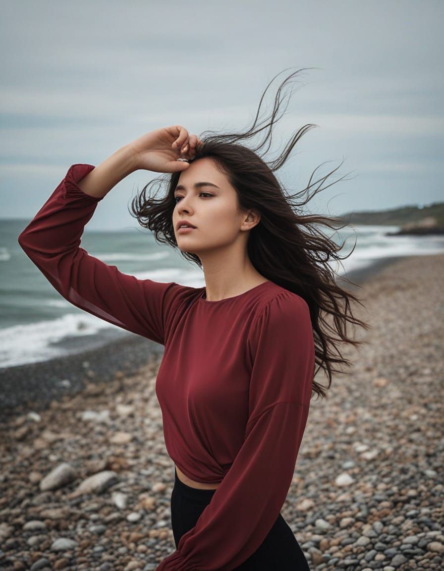 Young Woman in Crimson Silky Top Contemplates the Sea