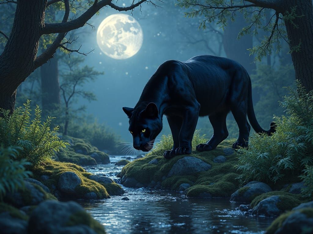 Mystical Moonlight: Black Panther in Enchanted Forest