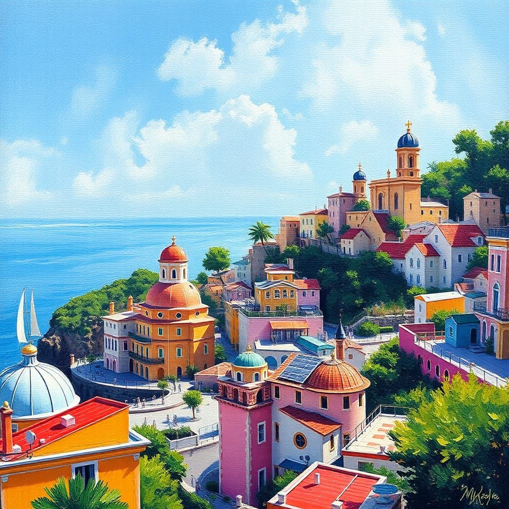 Colorful Amalfi Coast Impressionist Oil Painting