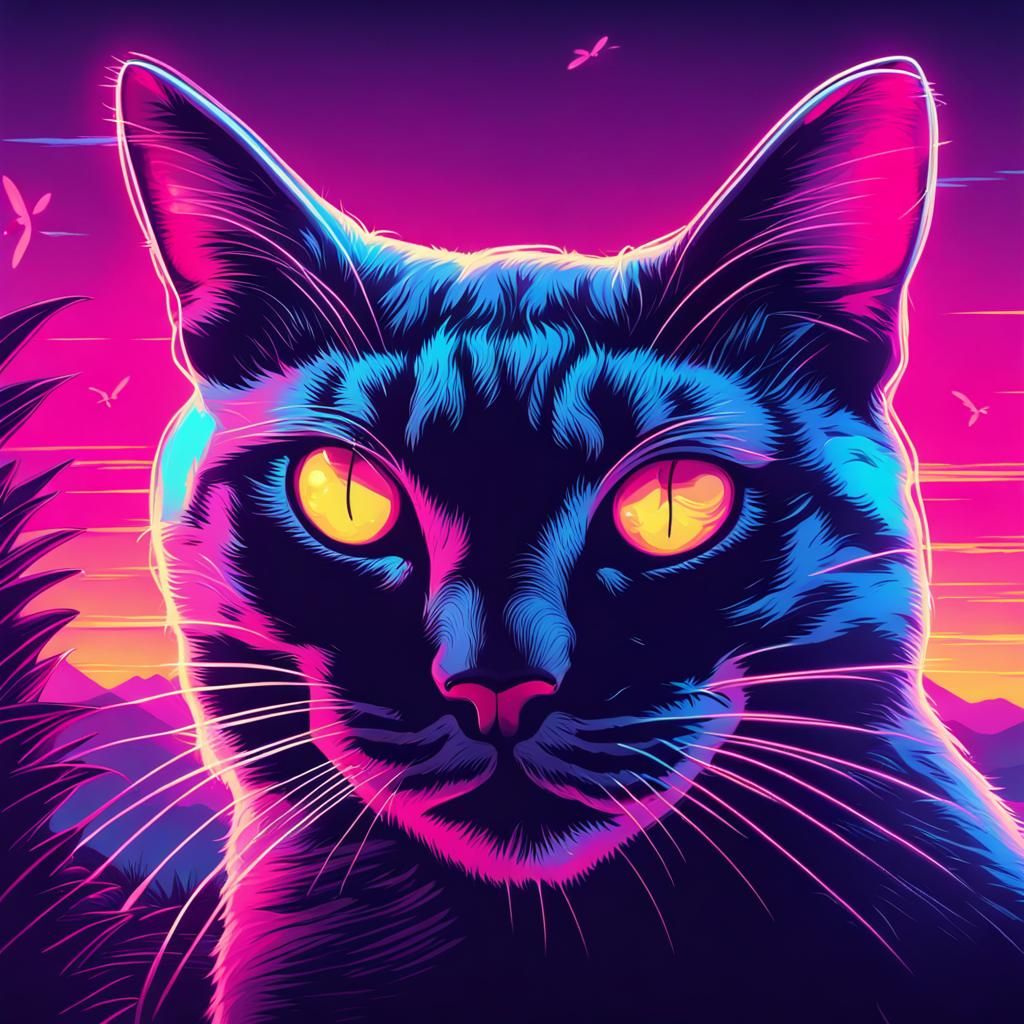Synthwave Cat Chasing Butterflies in Neon Light