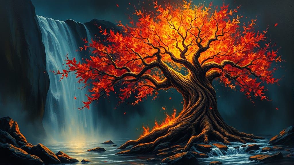 Surreal Tree of Flames in Dark Oil Painting