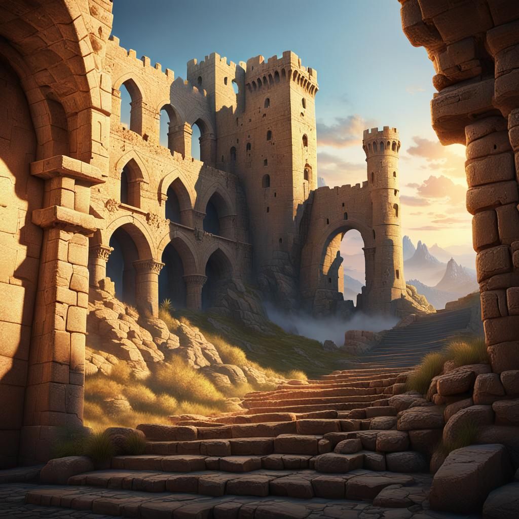 Sunlit Crusader Castle Ruins: Digital Matte Painting