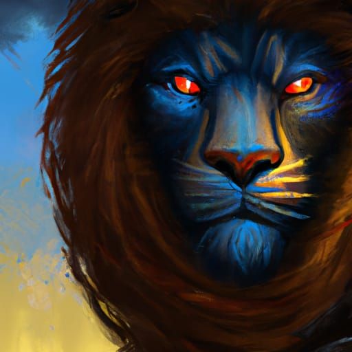 Black Lion Portrait with Red Eyes in Hyperdetailed Style