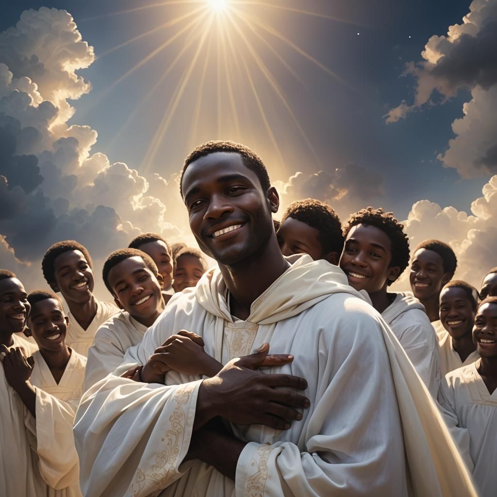 Brothers United: Divine Embrace in the Clouds