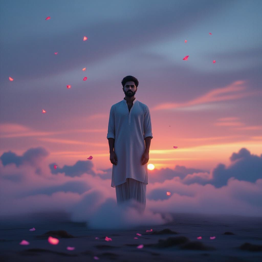 South Asian Man in Surreal Dreamscape at Twilight