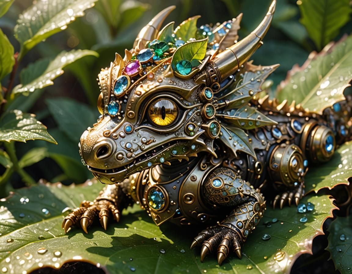 Gemstone Dragon Peeks from Dewy Leaf in Steampunk Style
