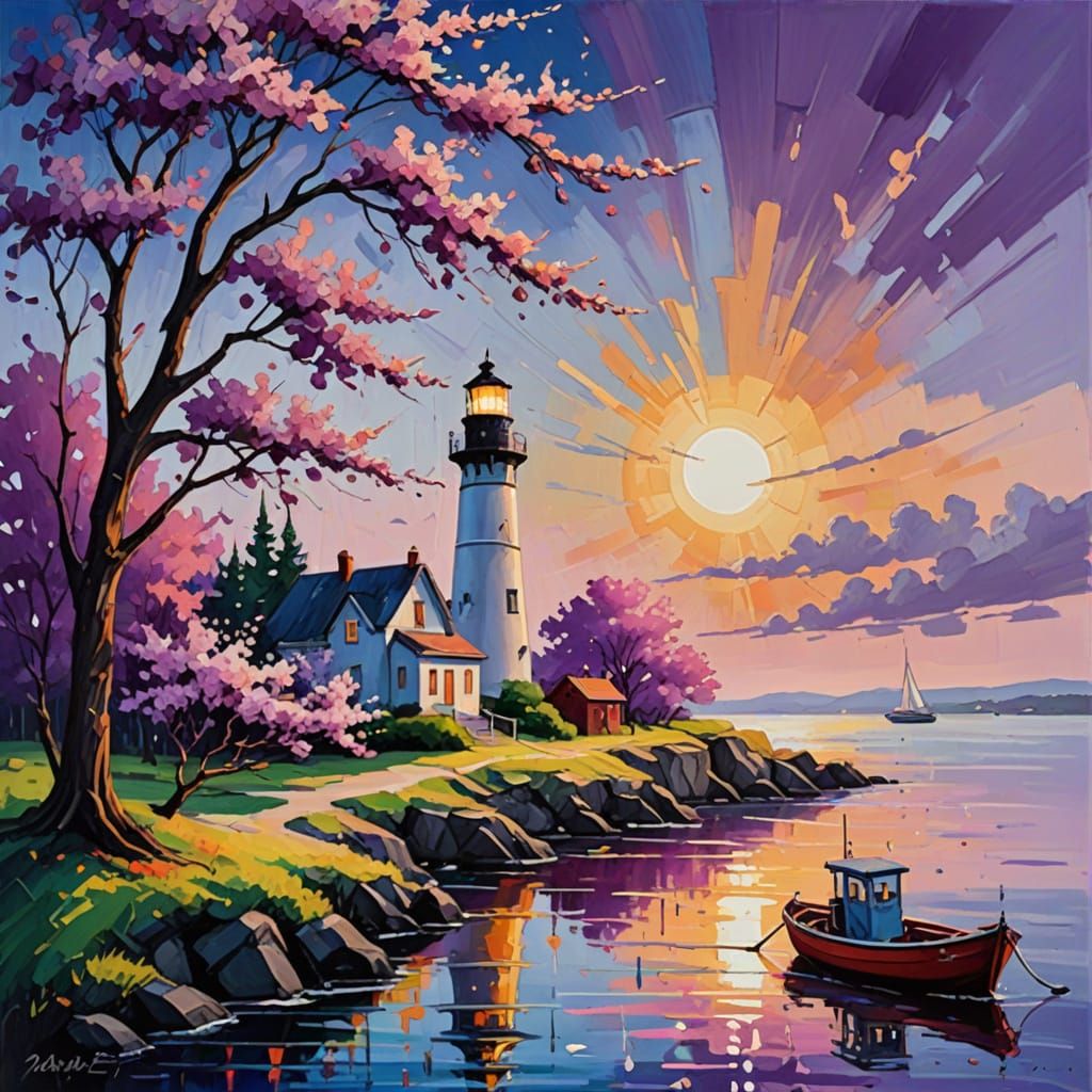 Fauvist Lighthouse Scene with Vibrant Flower Trees