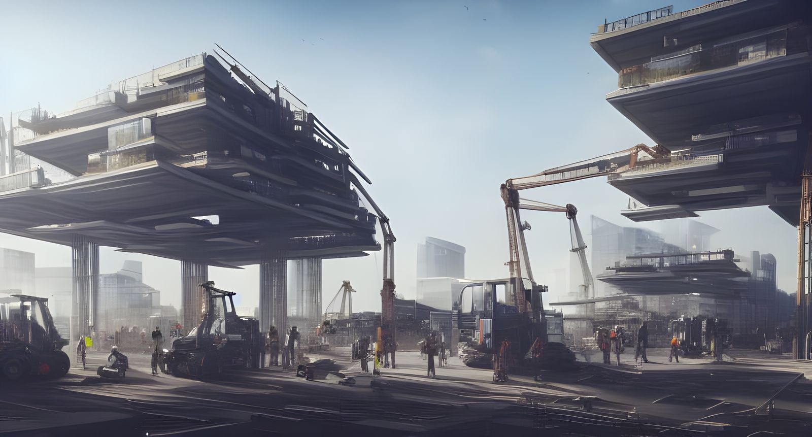Dystopian Futuristic Construction Site in Cyberpunk Style