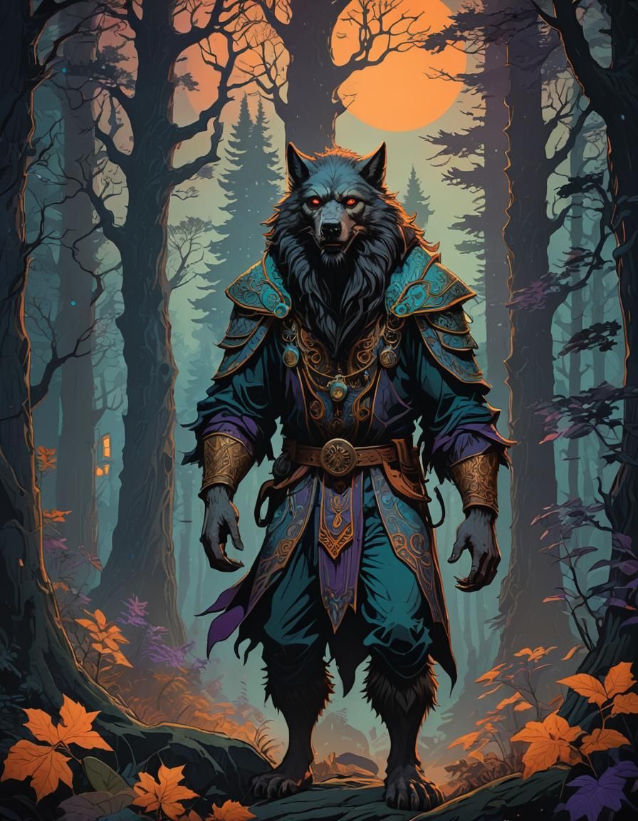 Werewolf in Moonlit Forest, Art Nouveau Illustration