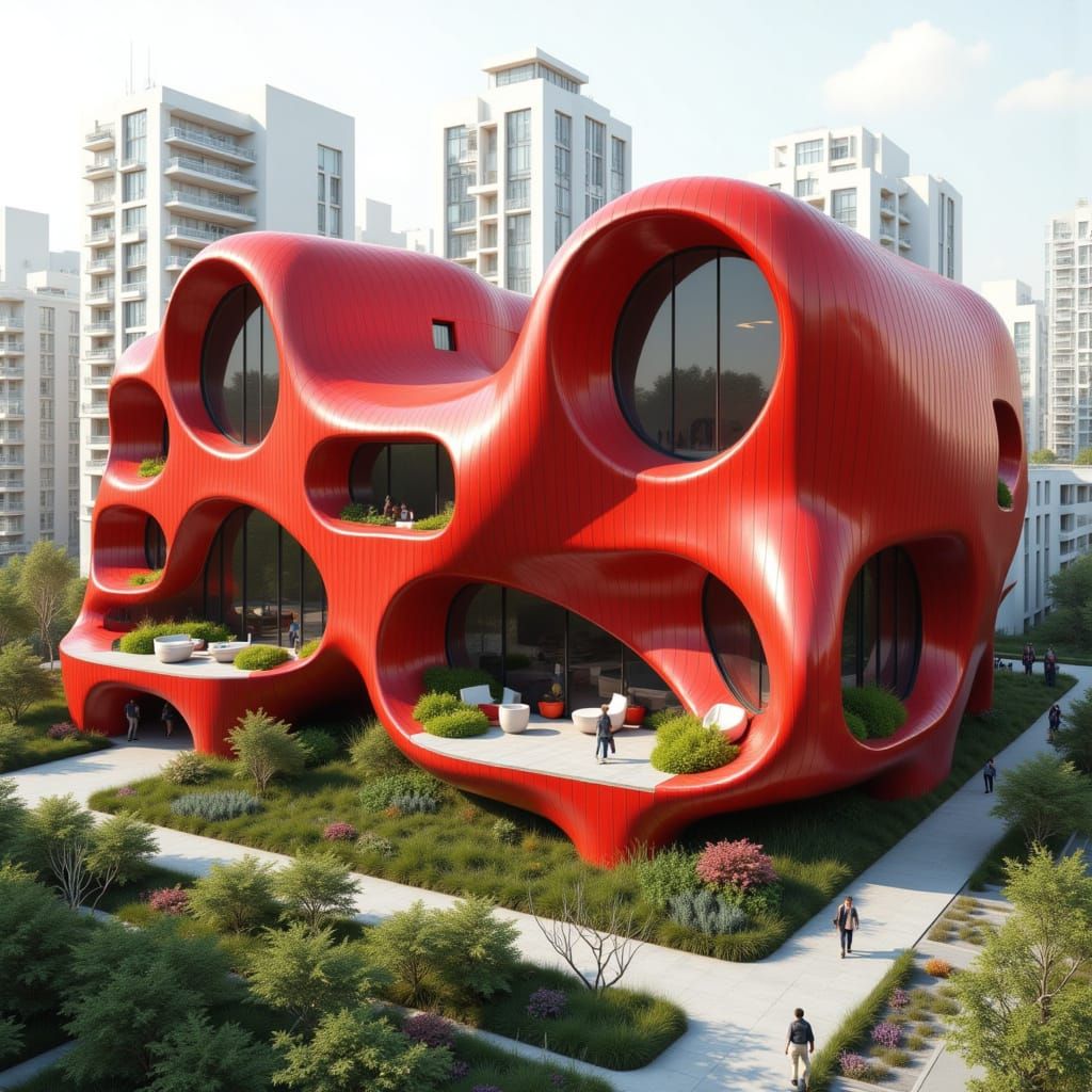 Futuristic Twist Building with Red Wood Panels