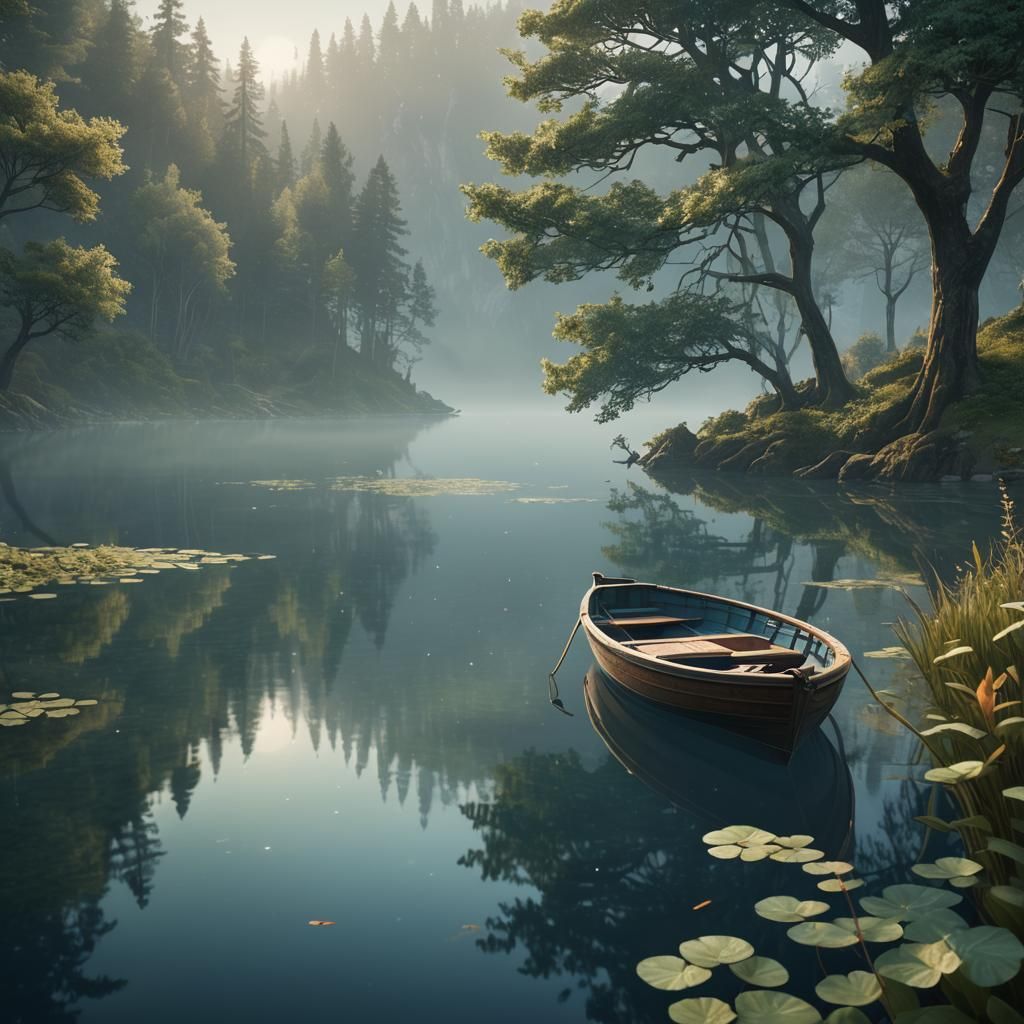 Serene Lake Scene in Art Nouveau Style