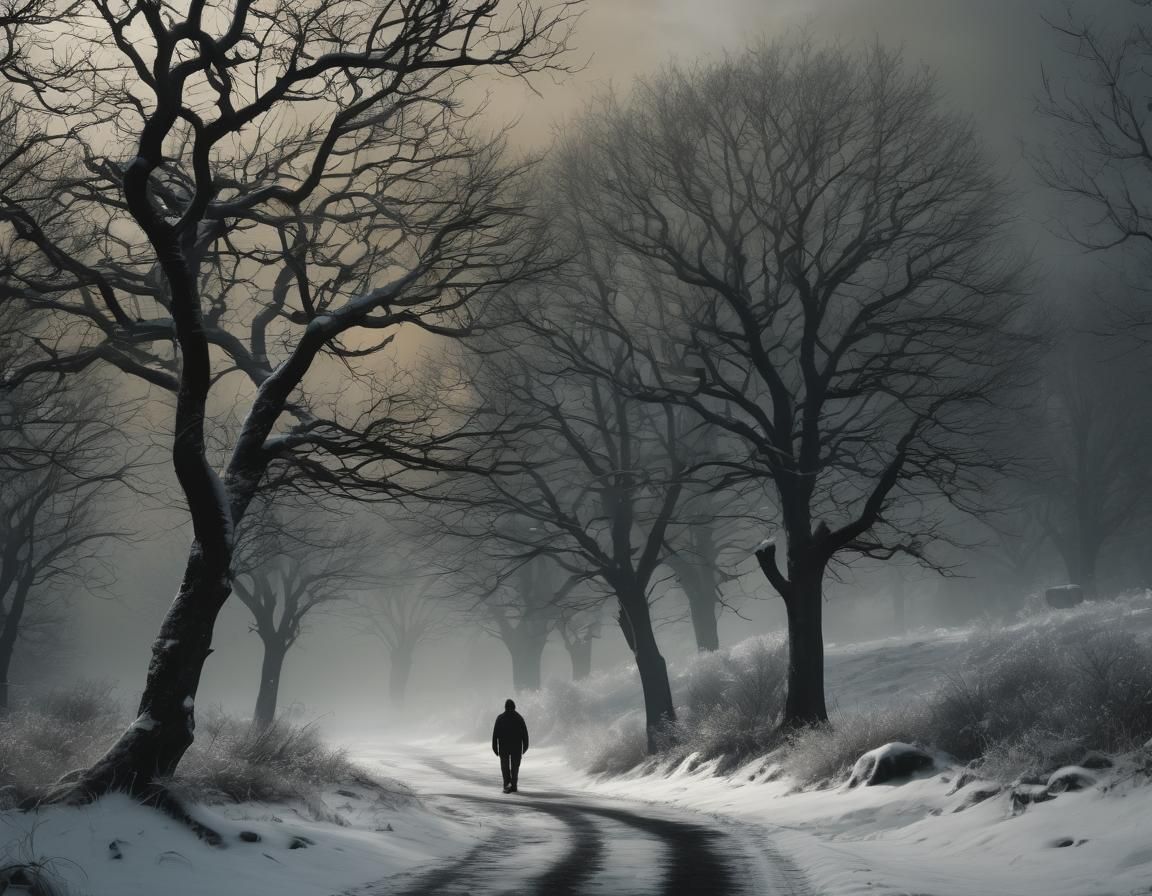 Eerie Dark Fantasy Landscape with Figure in Distance