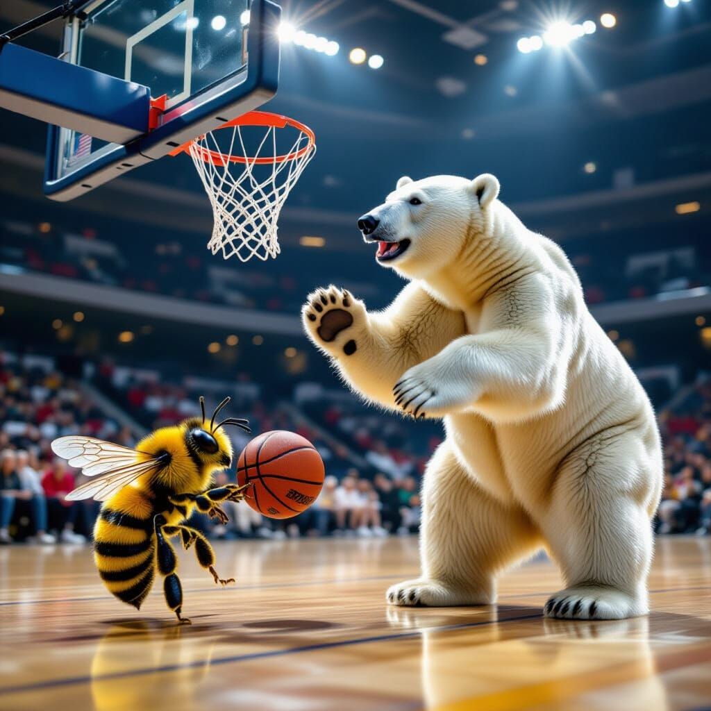Microscopic Bee and Polar Bear Play Basketball