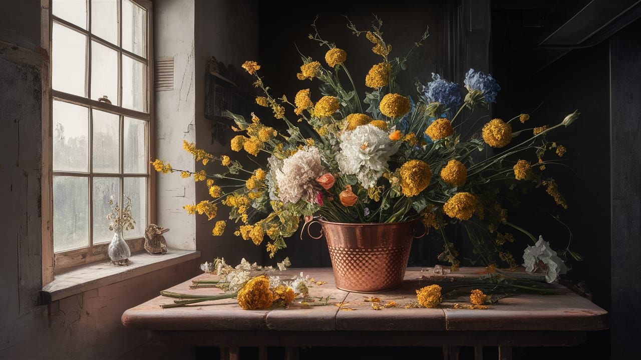 Floral Still Life in Delft Blue and Gold