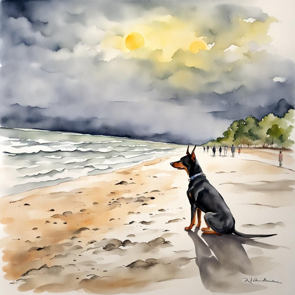 Doberman Dog Running on Beach Watercolor Painting