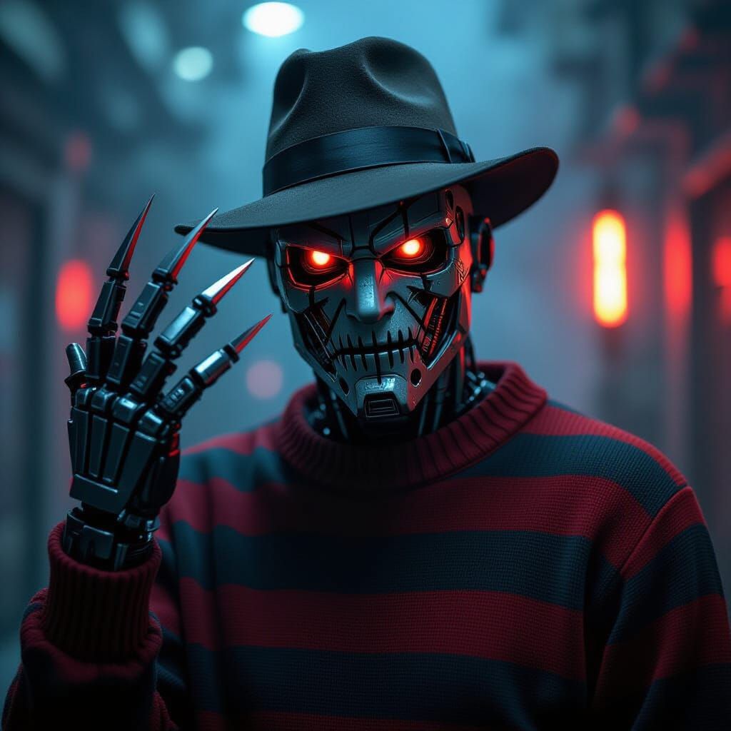 Cyborg Freddy Krueger Hybrid in Industrial Darkness