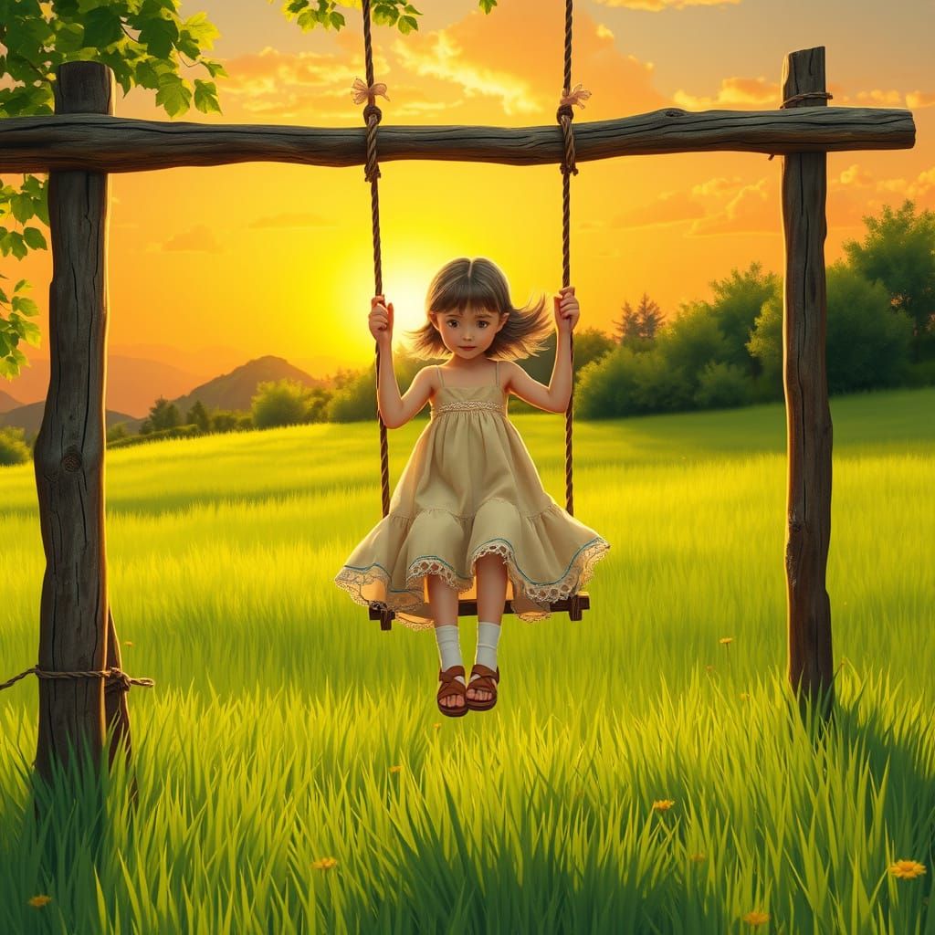 Girl on Swing at Sunset: Whimsical Meadow Scene