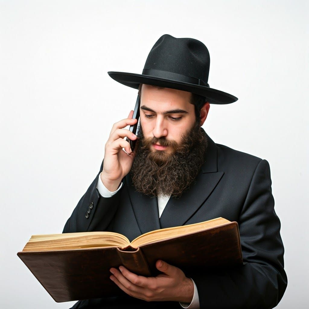 Dignified Hasidic Man Concentrates on Phone Call